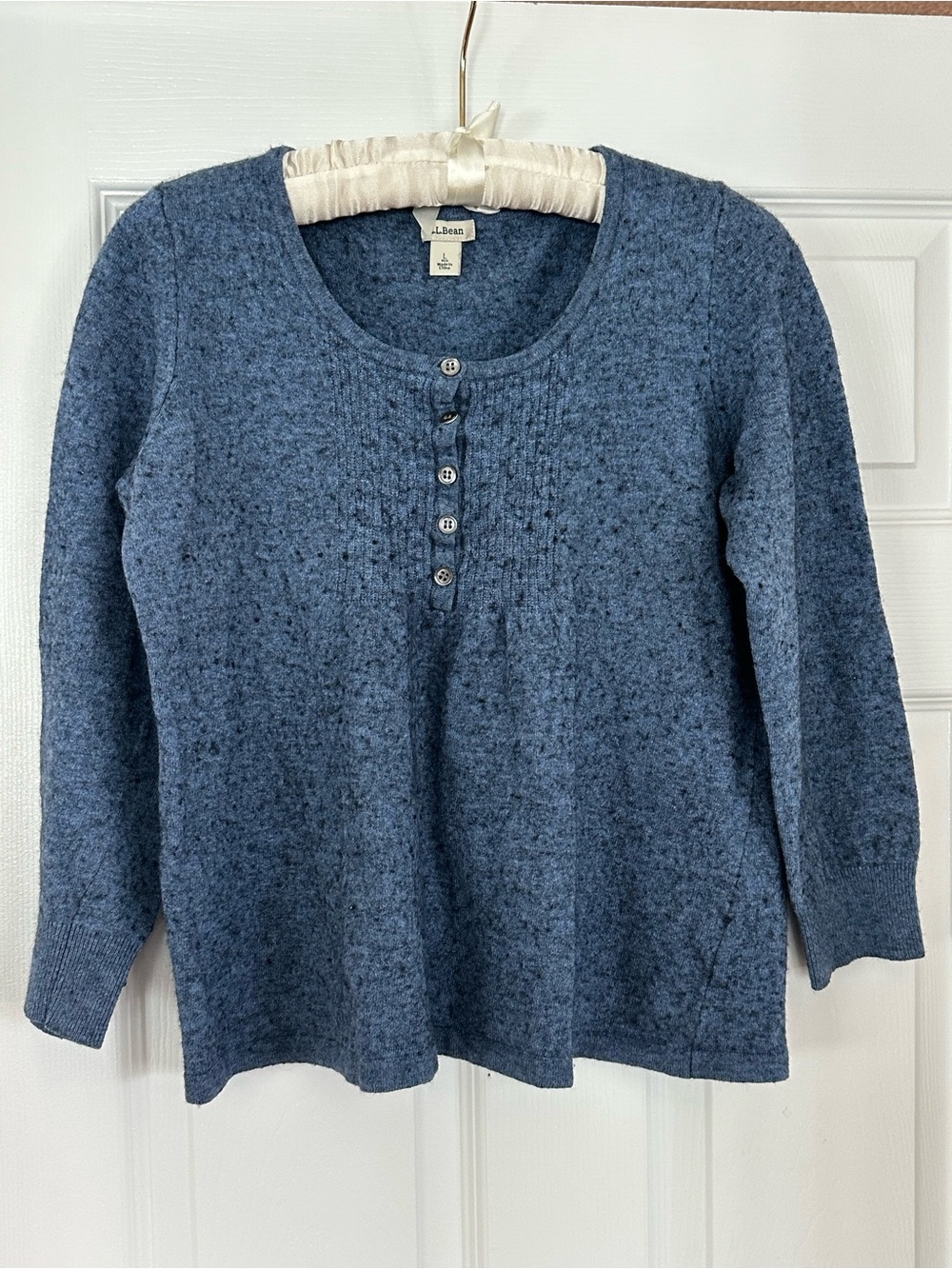 L.L. Bean Juniors Henley Sweater Heathered Blue Long-Sleeve Wool Cotton Cashmere